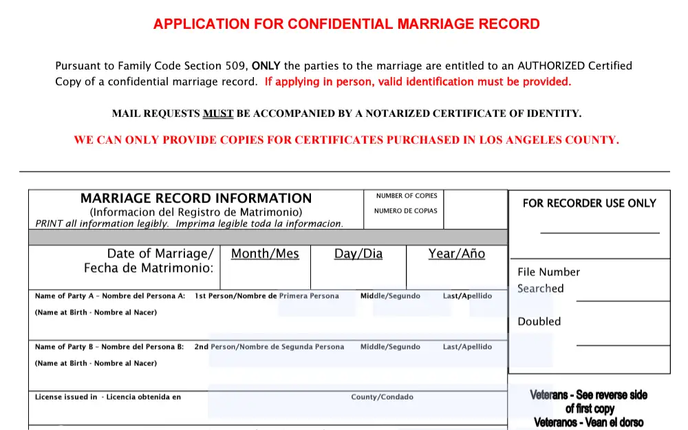 A screenshot of the form that can be used to obtain confidential marriage documentation.
