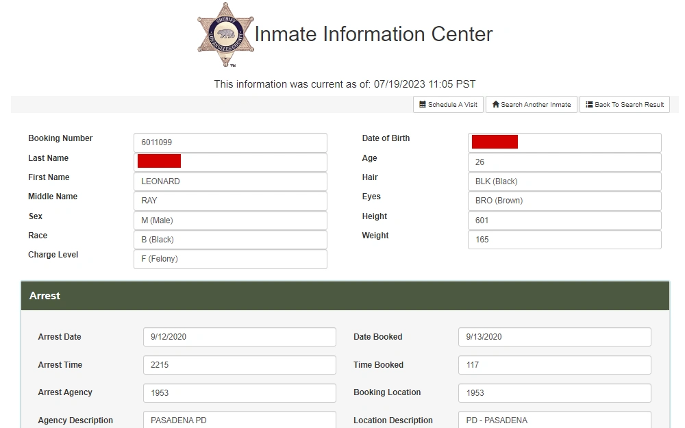 A screenshot of the search tool that allows users to search for inmates by first and last name, with optional middle name and date of birth entries to help narrow down the search.