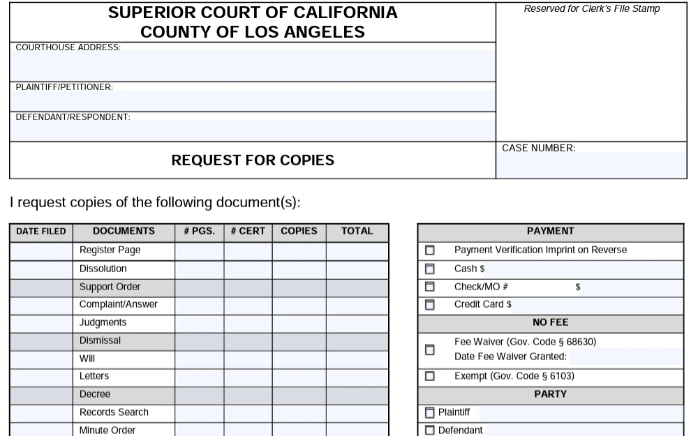 A screenshot of the form used to request for copies of criminal case documents.