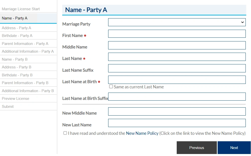 Screenshot of the online application system for the license of marriage showing fields for the full name of one party, and other tabs for address, birthday, parent information, and additional information of both parties.
