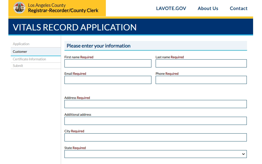 Screenshot of the vitals record online application showing fields for customer information such as full name and address, and other tabs for certificate information and submission.