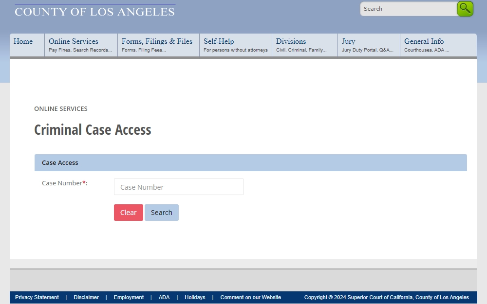 A screenshot of the Criminal Case Access page offered by the Los Angeles Superior Court shows that users must input the case number to look up court records. 