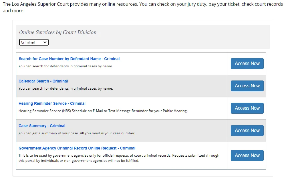 A screenshot from the Los Angeles Superior Court's online services page shows the options for searching for criminal records.