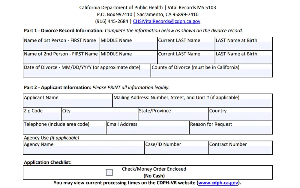 A screenshot showing an application for a certificate of record for a divorce requiring information such as the name of the 1st and 2nd persons' first, middle, current last name and last name at birth, date and county of divorce and others.