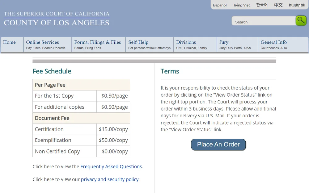 A screenshot displaying a fee schedule per page, such as for the first copy and for additional copies, document fees such as certification, exemplification, and noncertified copy.