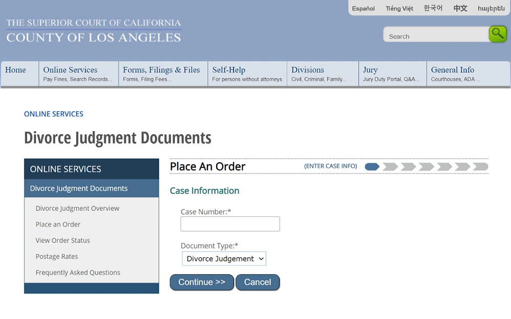 A screenshot showing an online service to place an order of a case requiring case information such as case number and document type from the Los Angeles County Superior Court of California.