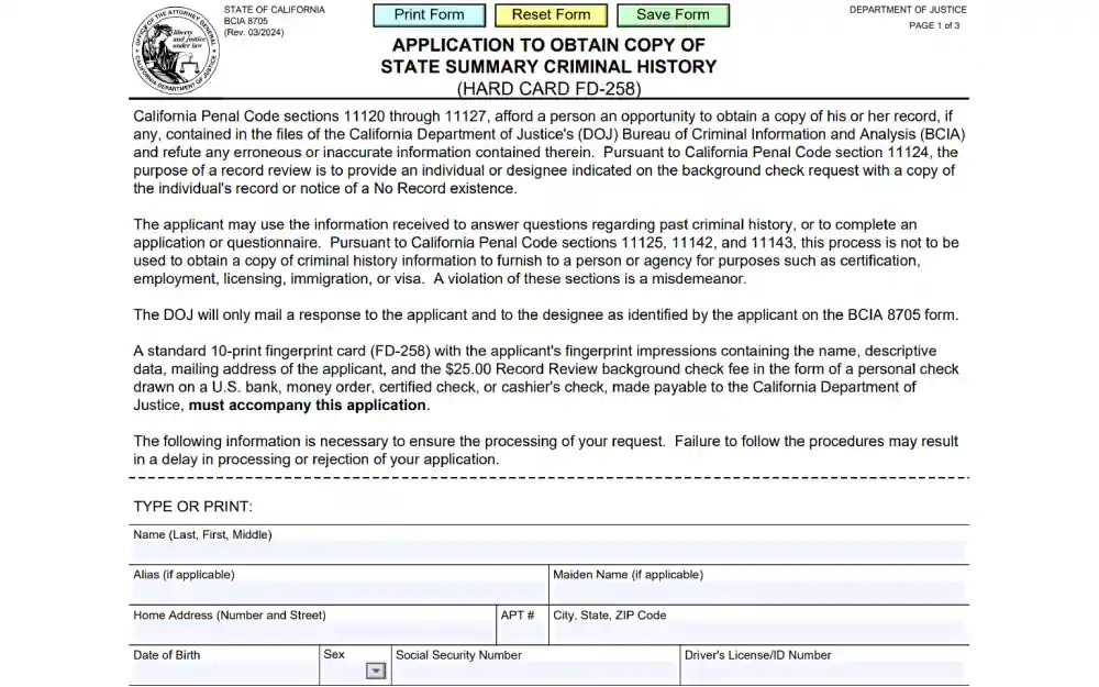 A screenshot of an application form from the California Department of Justice requires the applicant's name, alias, home address, and other personal details, along with instructions for submitting a fingerprint card and the associated fee for processing the application.