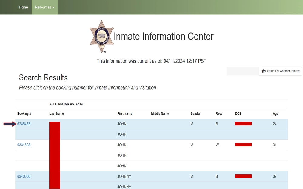 A screenshot from the Los Angeles County Sheriff’s Department shows search results with a list of individuals with different middle names, genders, races, dates of birth, and ages, with the prompt to click on the booking number for more inmate information and visitation details.