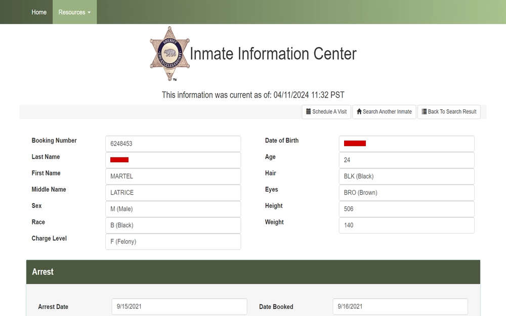 A screenshot from the Los Angeles County Sheriff’s Department detailing an inmate, including booking number, name, demographics like date of birth and race, physical description such as hair and eye color, height, weight, and arrest details like arrest date and charge level.