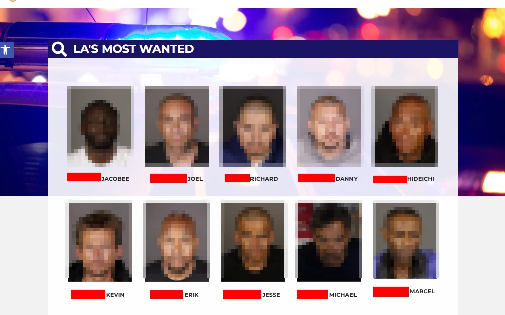 A screenshot from the Los Angeles Probation Information Center Page showing list of most wanted individuals in the county. 